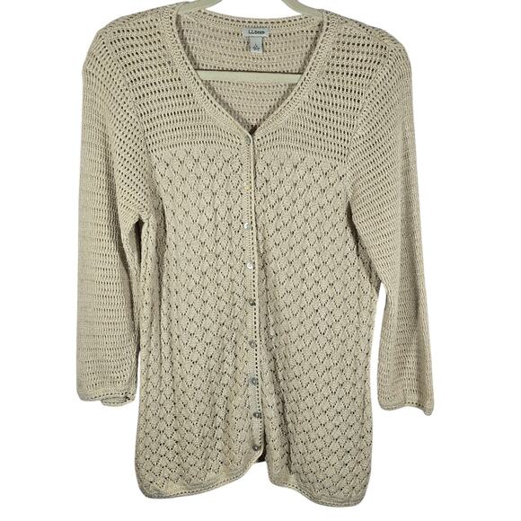 W L.L. Bean Vintage Cream Crochet Knit Button Down Sweater Cardigan Sz L Cottage - Picture 1 of 10